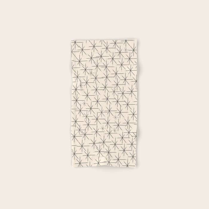 Stella - Atomic Age Mid Century Modern Starburst Pattern In Charcoal Gray And Almond Cream Bath Towel