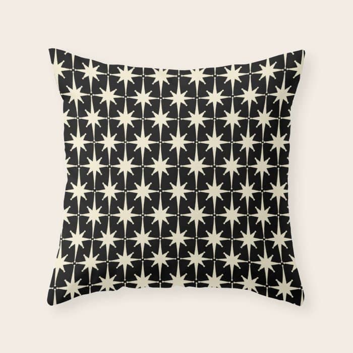 Midcentury Modern Atomic Age Starburst Pattern In Retro Cream And Black Throw Pillow