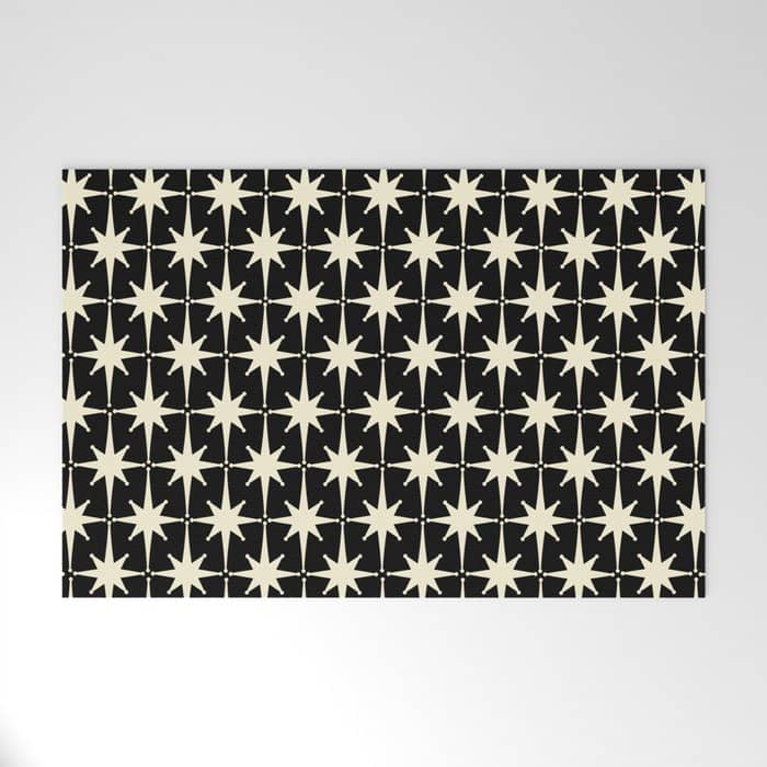 Midcentury Modern Atomic Age Starburst Pattern In Retro Cream And Black Welcome Mat