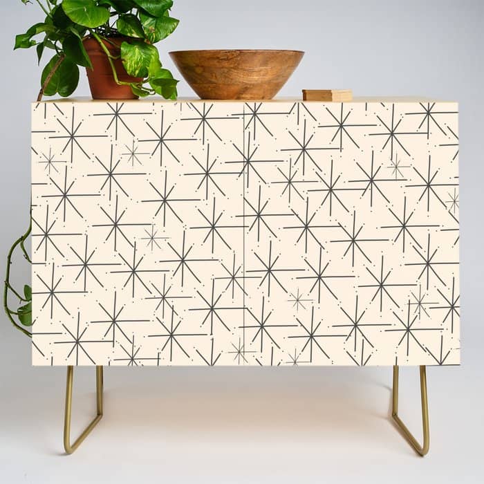 Stella - Atomic Age Mid Century Modern Starburst Pattern In Charcoal Gray And Almond Cream Credenza