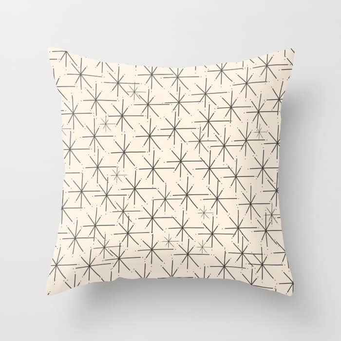 Stella - Atomic Age Mid Century Modern Starburst Pattern In Charcoal Gray And Almond Cream Throw Pillow
