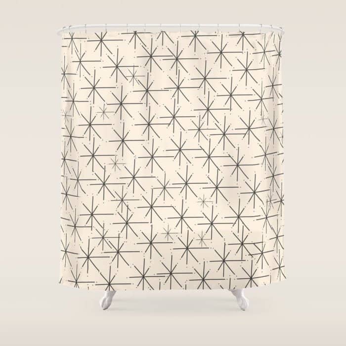 Stella - Atomic Age Mid Century Modern Starburst Pattern In Charcoal Gray And Almond Cream Shower Curtain