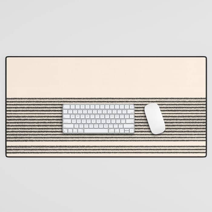 Organic Stripes - Minimalist Textured Line Pattern In Black And Almond Cream Desk Mat