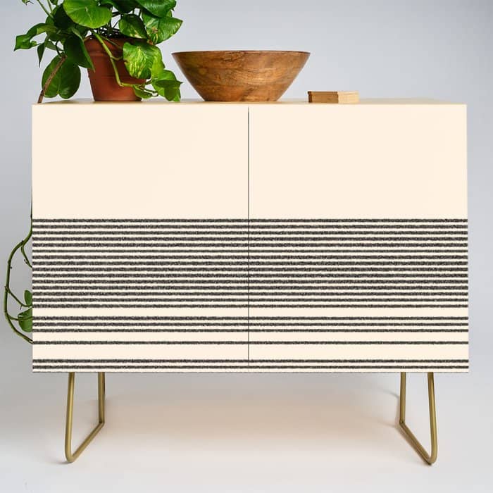 Organic Stripes - Minimalist Textured Line Pattern In Black And Almond Cream Credenza