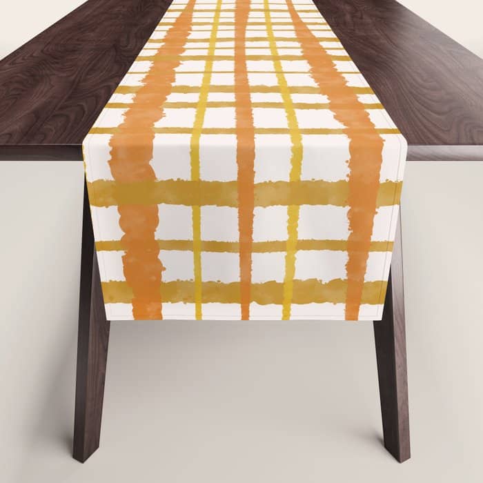Hygge Retro Stripe Painted Plaid Pattern Orange Mustard Cream Table Runner