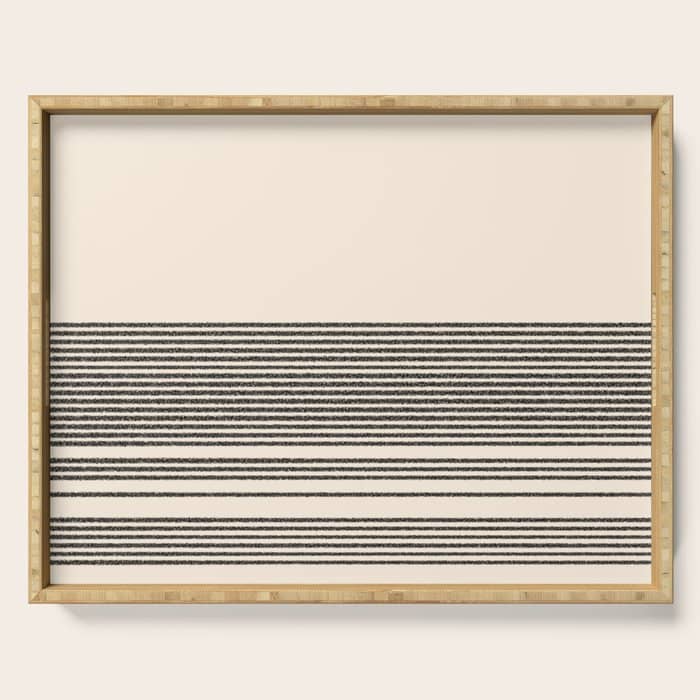 Organic Stripes - Minimalist Textured Line Pattern In Black And Almond Cream Serving Tray