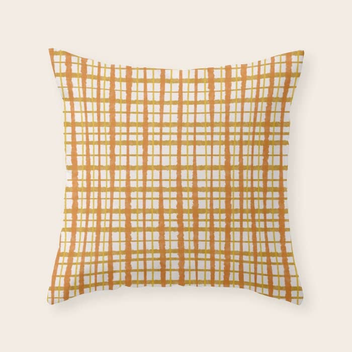 Hygge Retro Stripe Painted Plaid Pattern Orange Mustard Cream Throw Pillow