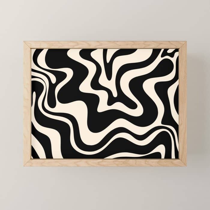 Retro Liquid Swirl Abstract Pattern 3 In Black And Almond Cream Mini Art Print