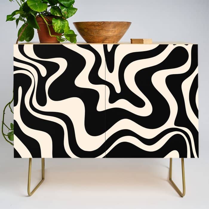 Retro Liquid Swirl Abstract Pattern 3 In Black And Almond Cream Credenza