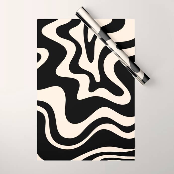 Retro Liquid Swirl Abstract Pattern 3 In Black And Almond Cream Wrapping Paper