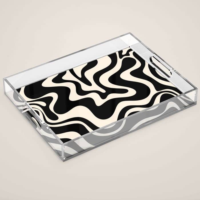 Retro Liquid Swirl Abstract Pattern 3 In Black And Almond Cream Acrylic Tray