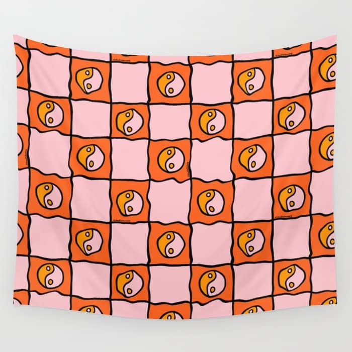 Orange Ying Yang Checkered Print Wall Tapestry