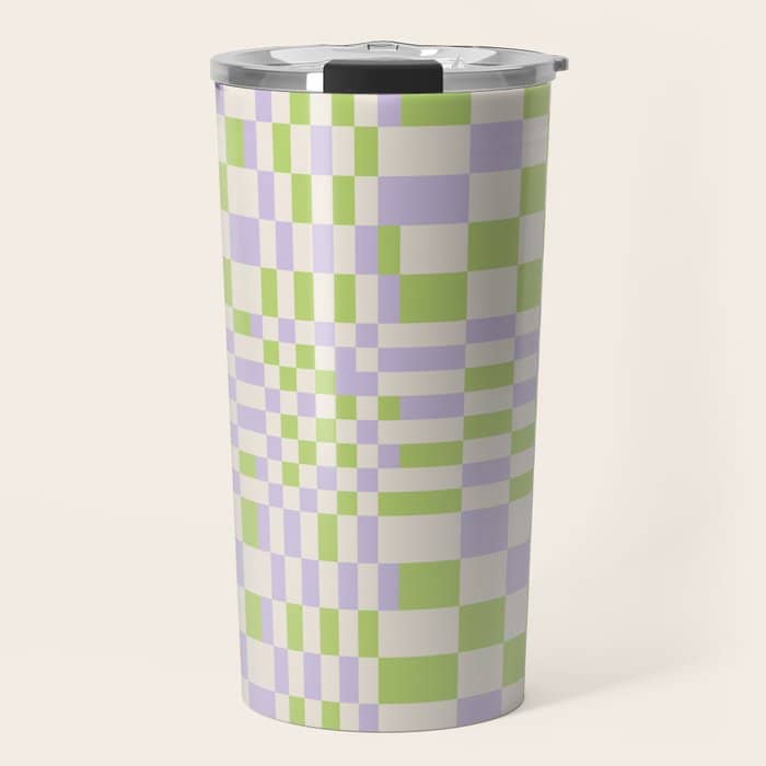 Happy Colorful Checkered Pattern Green And Lilac Travel Mug