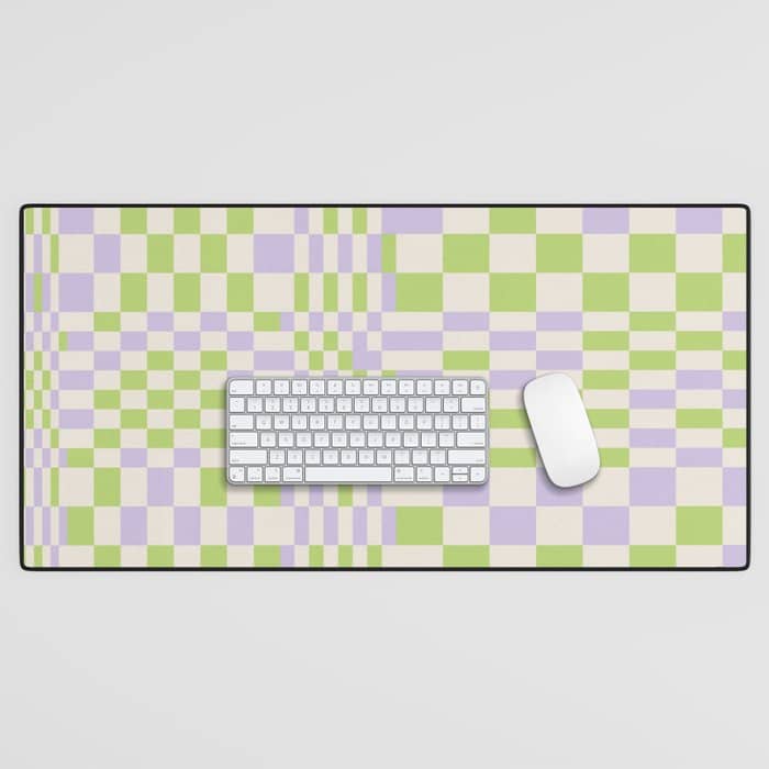 Happy Colorful Checkered Pattern Green And Lilac Desk Mat
