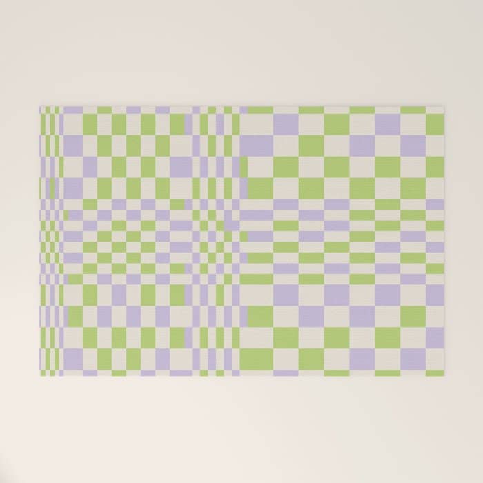 Happy Colorful Checkered Pattern Green And Lilac Welcome Mat