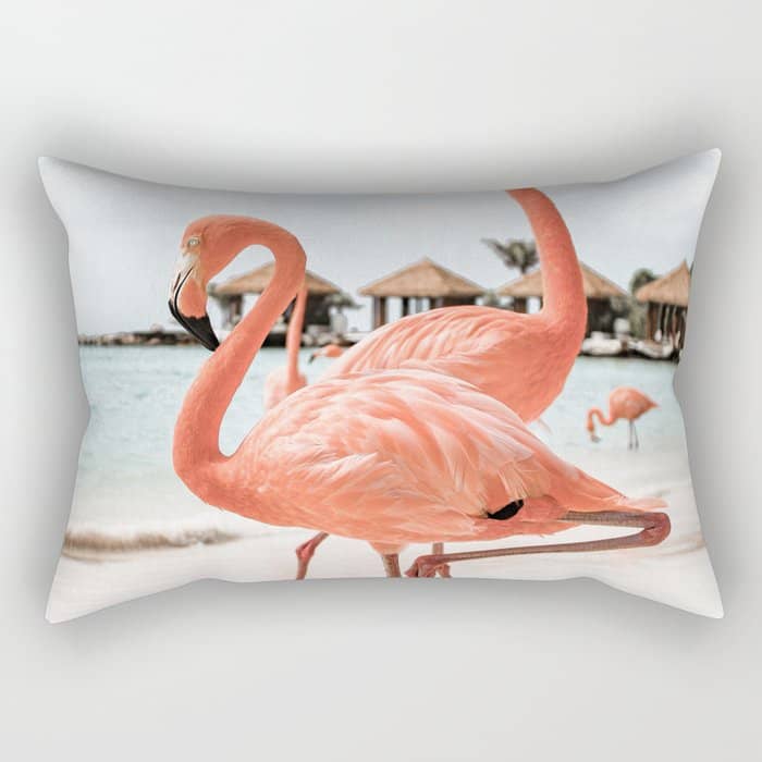 Pink Flamingos On Aruba Island Art Photo | Caribbean Beach Wall Print | Tropical Travel Photography Rectangular Pillow
