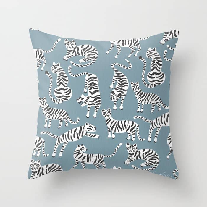 Tiger Collection - White On Blue Throw Pillow