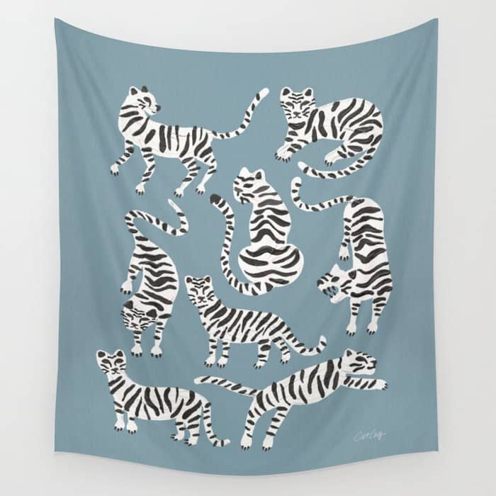 Tiger Collection - White On Blue Wall Tapestry