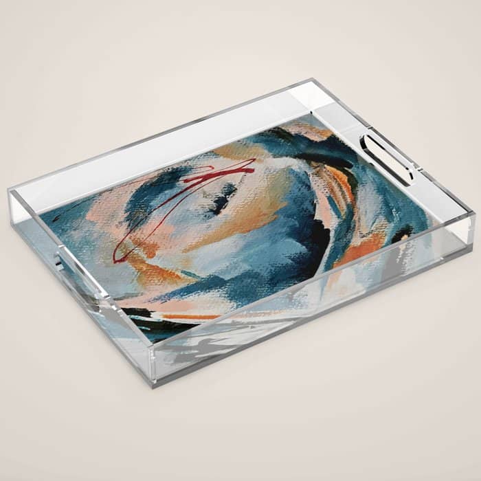 Drift 6: A Bold Mixed Media Piece In Blues, Brown, Pink And Red Acrylic Tray
