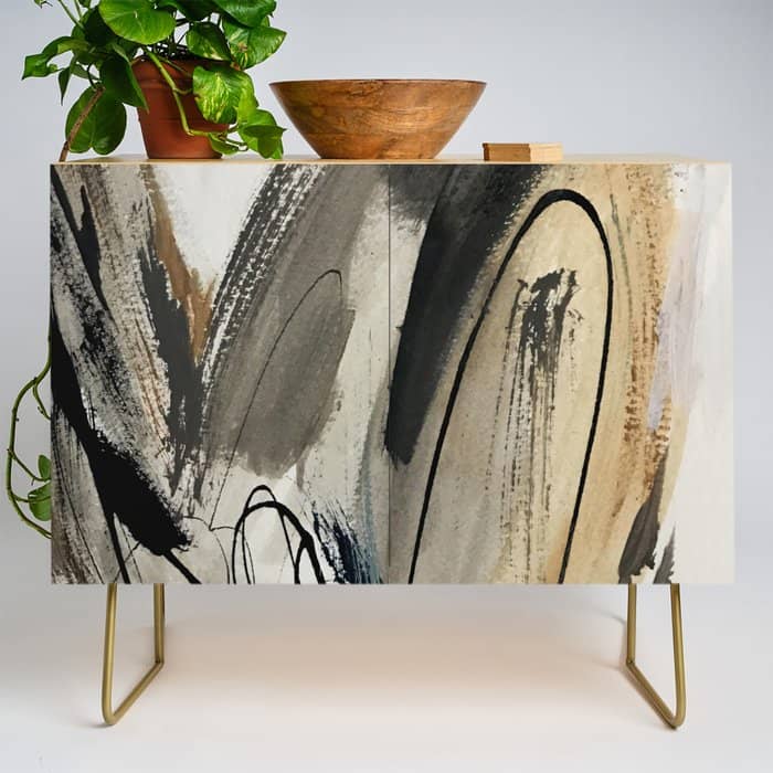 Drift [5]: A Neutral Abstract Mixed Media Piece In Black, White, Gray, Brown Credenza