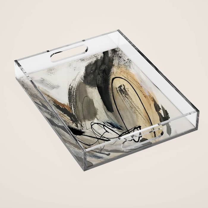 Drift [5]: A Neutral Abstract Mixed Media Piece In Black, White, Gray, Brown Acrylic Tray