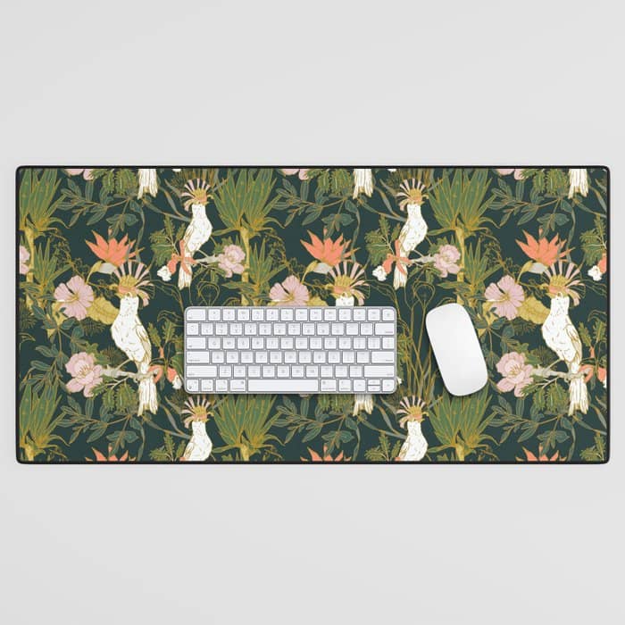 Drawing Of Exotic Birds In The Dark Jungle Desk Mat