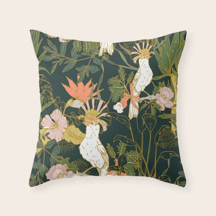Drawing Of Exotic Birds In The Dark Jungle Throw Pillow