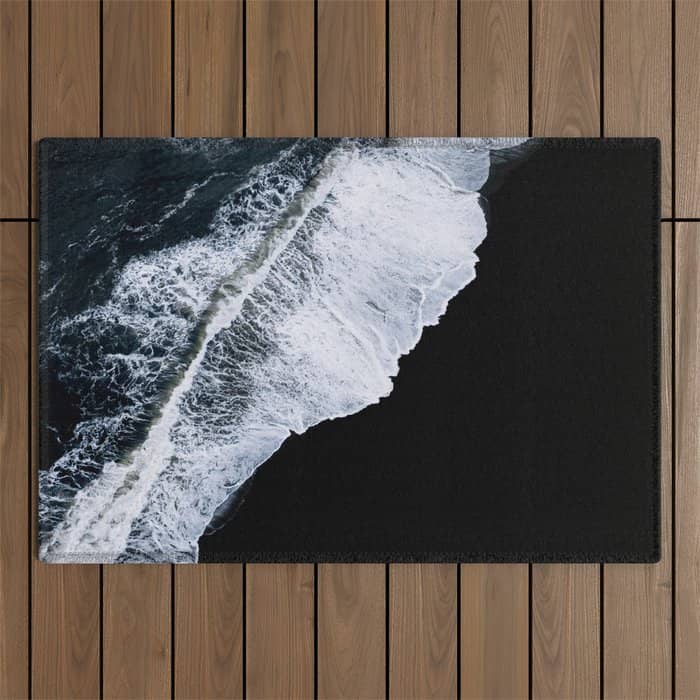 Waves Crashing On A Black Sand Beach - Minimal Landscape Photography Outdoor Rug