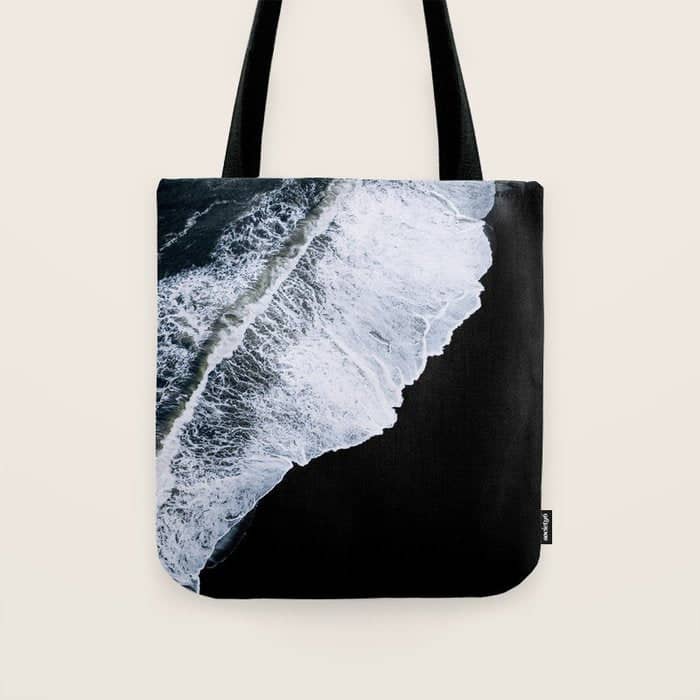 Waves Crashing On A Black Sand Beach - Minimal Landscape Photography Tote Bag