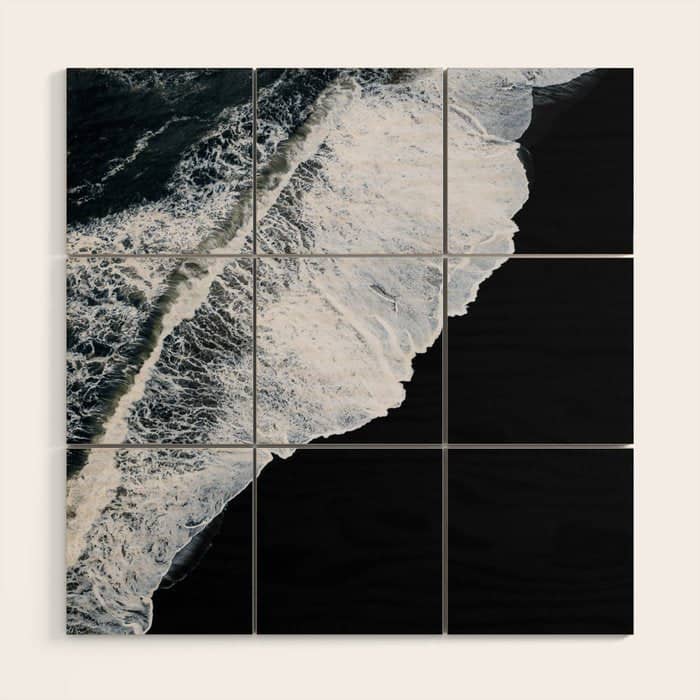 Waves Crashing On A Black Sand Beach - Minimal Landscape Photography Wood Wall Art