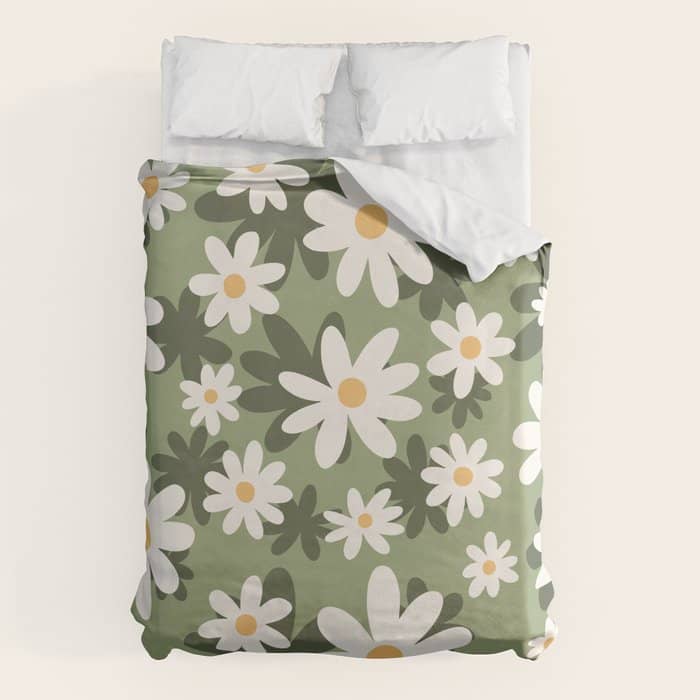 Flower Market London, Retro Daisies  Print, Green Ditsy Pattern Duvet Cover
