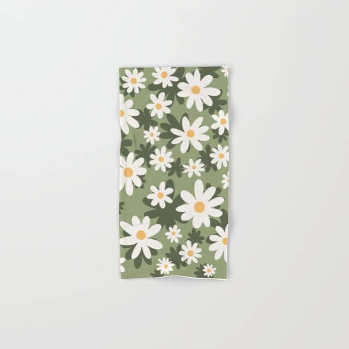 Flower Market London, Retro Daisies  Print, Green Ditsy Pattern Bath Towel