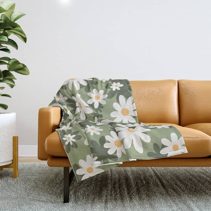 Flower Market London, Retro Daisies  Print, Green Ditsy Pattern Throw Blanket