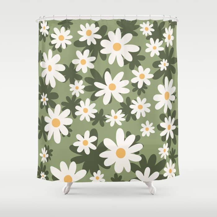 Flower Market London, Retro Daisies  Print, Green Ditsy Pattern Shower Curtain