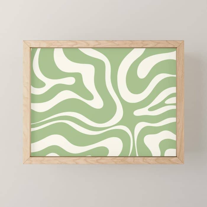 Modern Liquid Swirl Abstract Pattern In Light Sage Green And Cream Mini Art Print