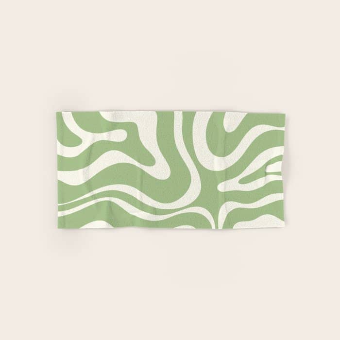 Modern Liquid Swirl Abstract Pattern In Light Sage Green And Cream Bath Towel