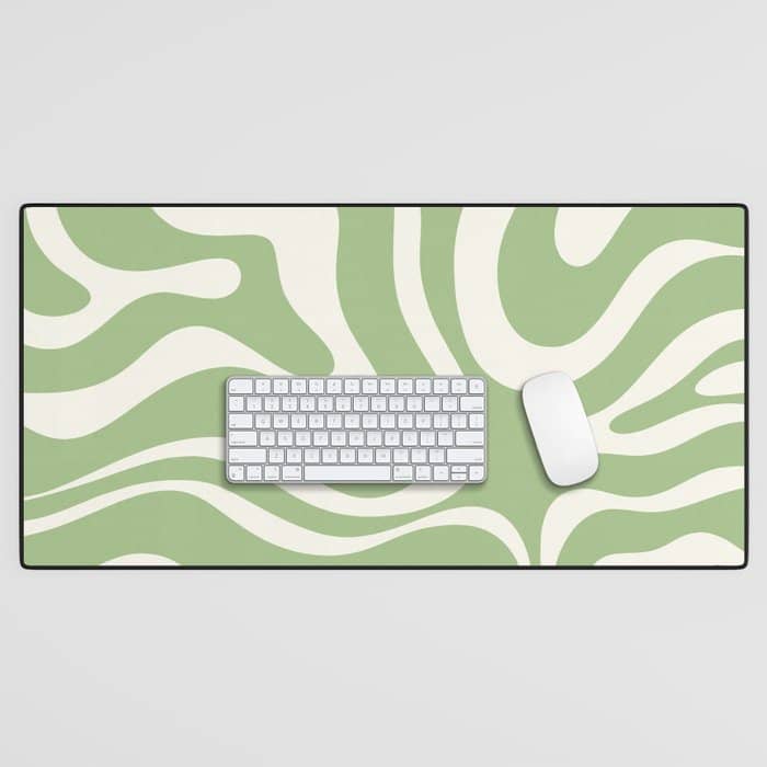 Modern Liquid Swirl Abstract Pattern In Light Sage Green And Cream Desk Mat