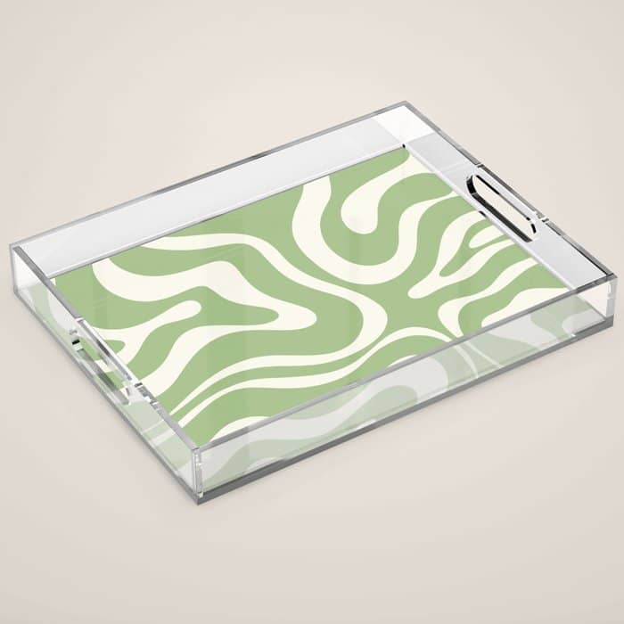Modern Liquid Swirl Abstract Pattern In Light Sage Green And Cream Acrylic Tray