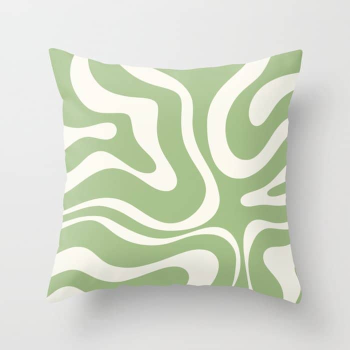Modern Liquid Swirl Abstract Pattern In Light Sage Green And Cream Throw Pillow
