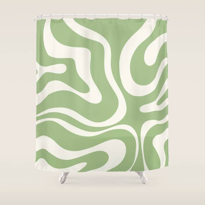 Modern Liquid Swirl Abstract Pattern In Light Sage Green And Cream Shower Curtain