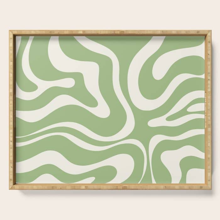 Modern Liquid Swirl Abstract Pattern In Light Sage Green And Cream Serving Tray