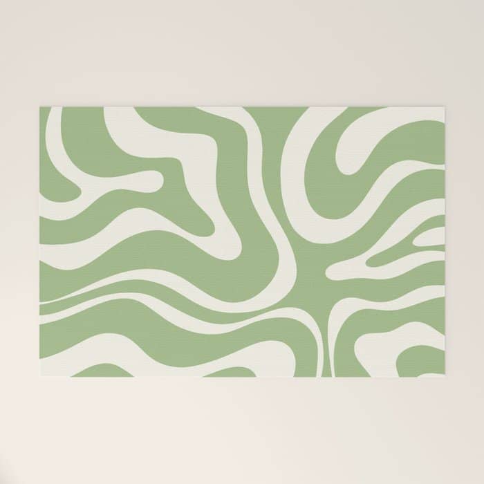 Modern Liquid Swirl Abstract Pattern In Light Sage Green And Cream Welcome Mat