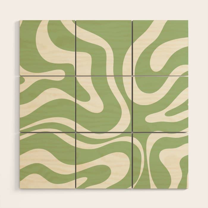 Modern Liquid Swirl Abstract Pattern In Light Sage Green And Cream Wood Wall Art