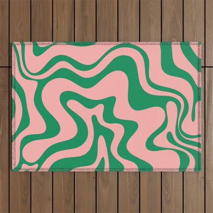 Liquid Swirl Retro Abstract Pattern In Pink And Bright Green Outdoor Rug