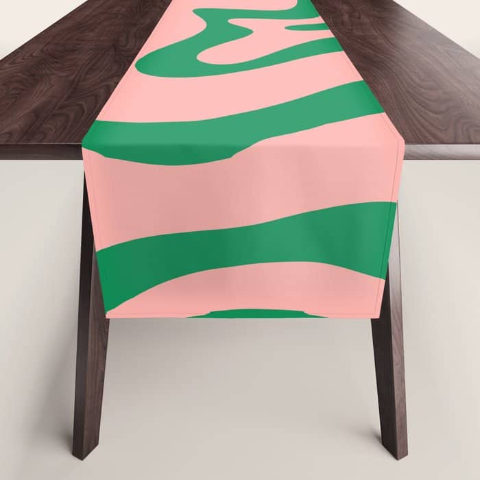 Liquid Swirl Retro Abstract Pattern In Pink And Bright Green Table Runner