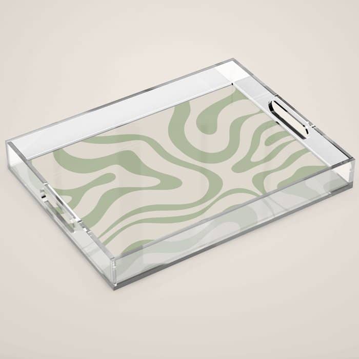 Liquid Swirl Abstract Pattern In Almond And Sage Green Acrylic Tray