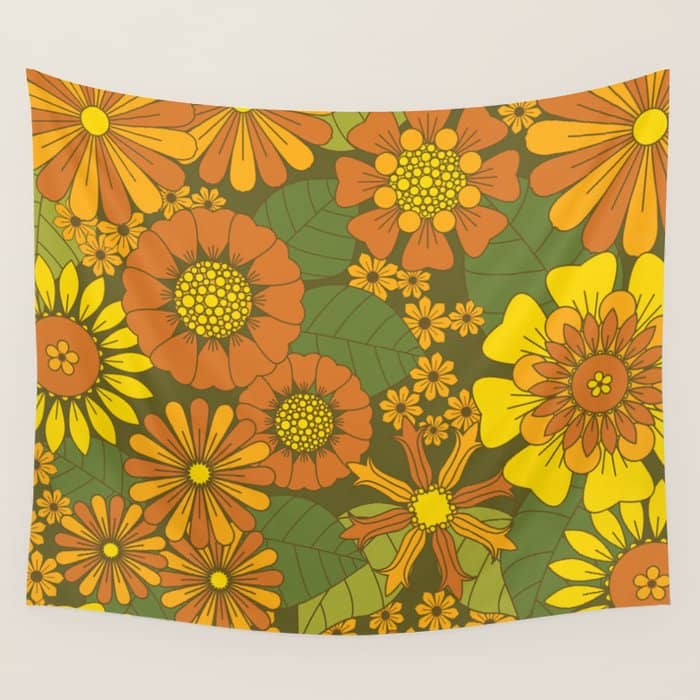 Orange, Brown, Yellow And Green Retro Daisy Pattern Wall Tapestry