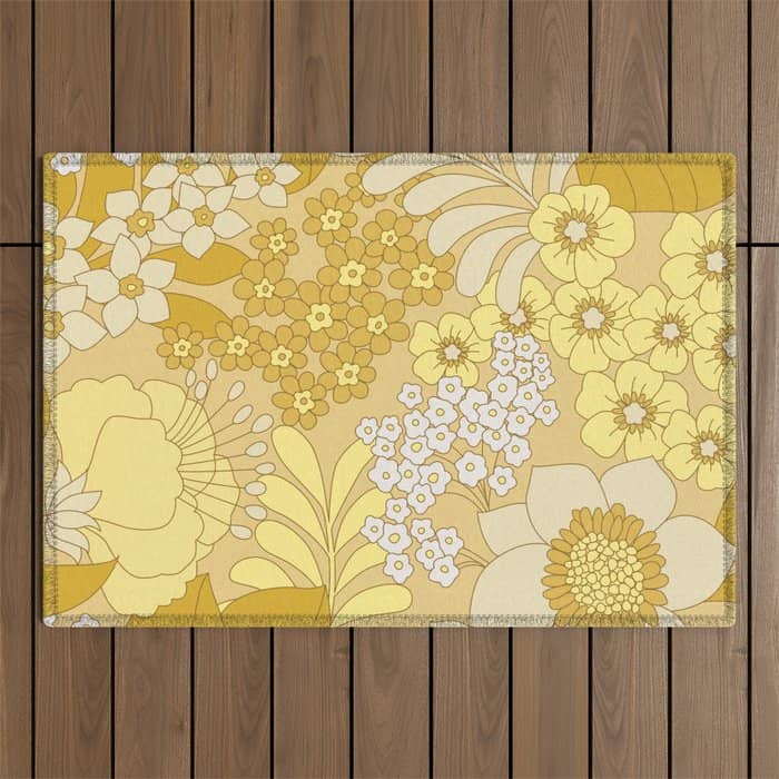Yellow, Ivory & Brown Retro Floral Pattern Outdoor Rug