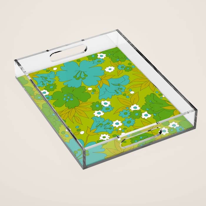 Green, Turquoise, And White Retro Flower Design Pattern Acrylic Tray