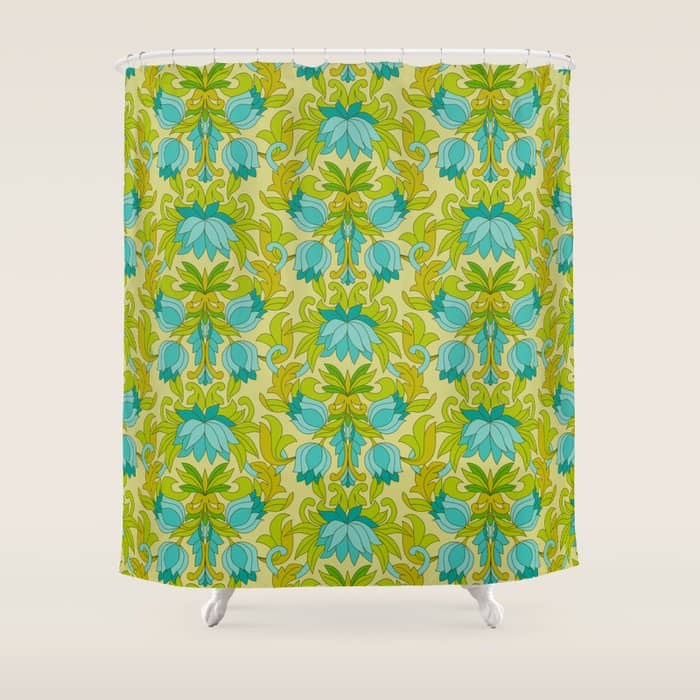 Turquoise And Green Leaves 1960s Retro Vintage Pattern Shower Curtain